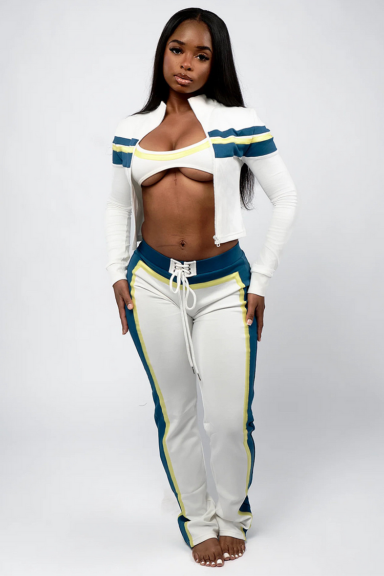Colorblock Long Sleeve Crop Track Jacket Crop Cami Tie Up Pants 3pcs Set-White