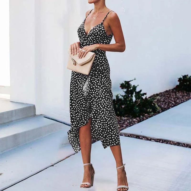 Summer Dots Dress V-neck Backless Long Party Sling Dress