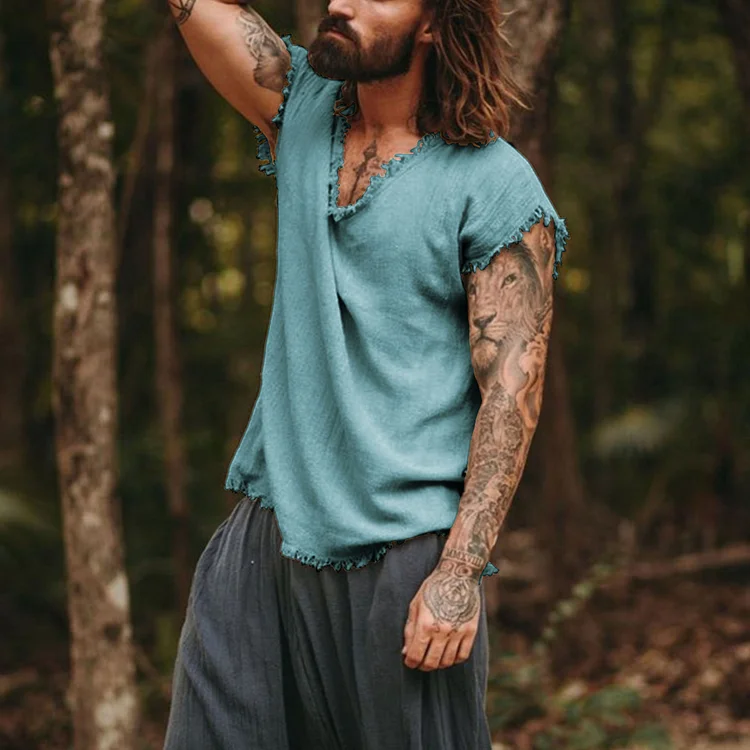 Mens Linen Minimalist Holiday Plain Tank Shirt b30b