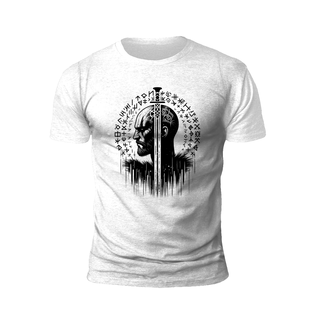 Warrior's Code: The Rune-Carved Portrait T-shirt