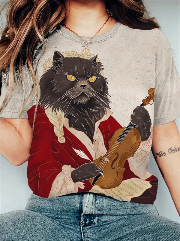 Women's Cat Playing Violin Art Print Casual T-Shirt