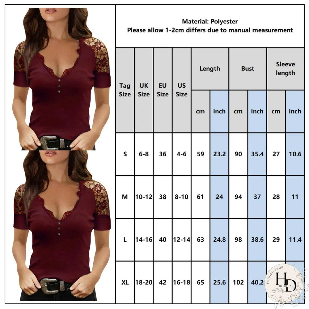 Womens Lace Patchwork Short-Sleeved Tops Summer Sexy Stitching Stylish Solid Color Slim