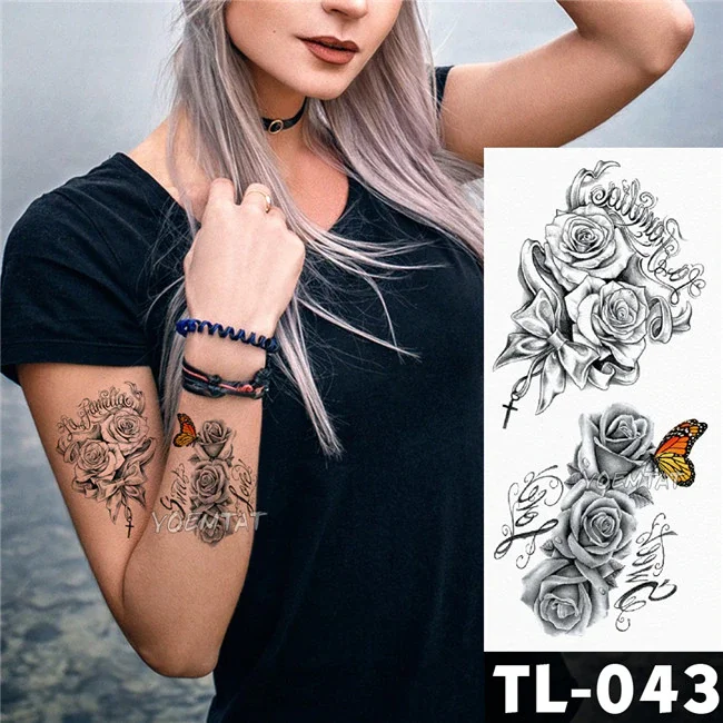 Sdrawing Transfer Deep Pink Henna Lace Rose Flower Temporary Tattoo Sticker Butterfly Pattern Body Art Waterproof Fake Flash Tattoo