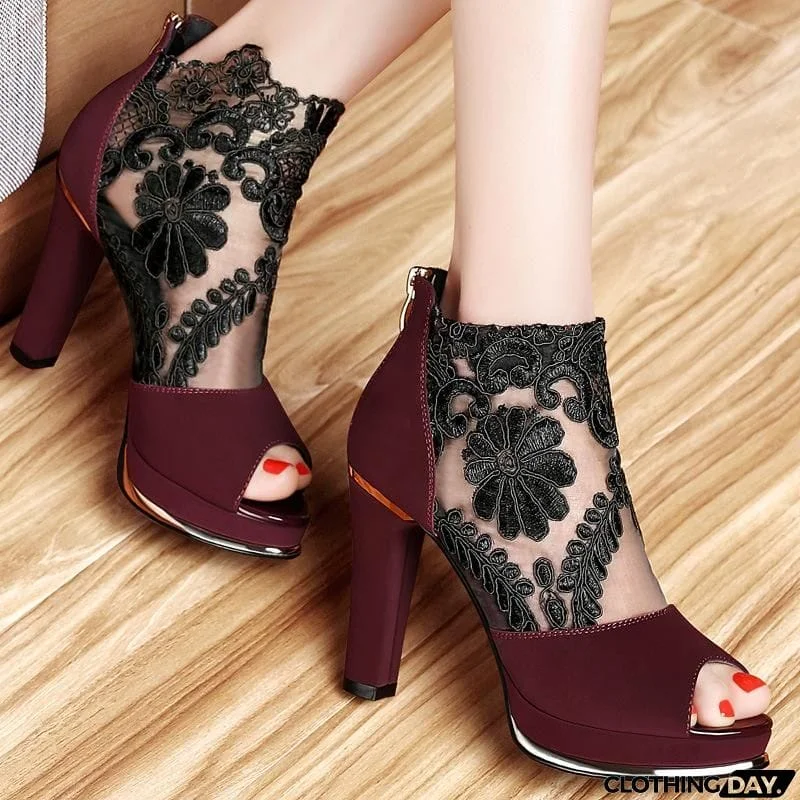 Women's High Quality Sexy Lace Dress High Heel Sandals Shoes