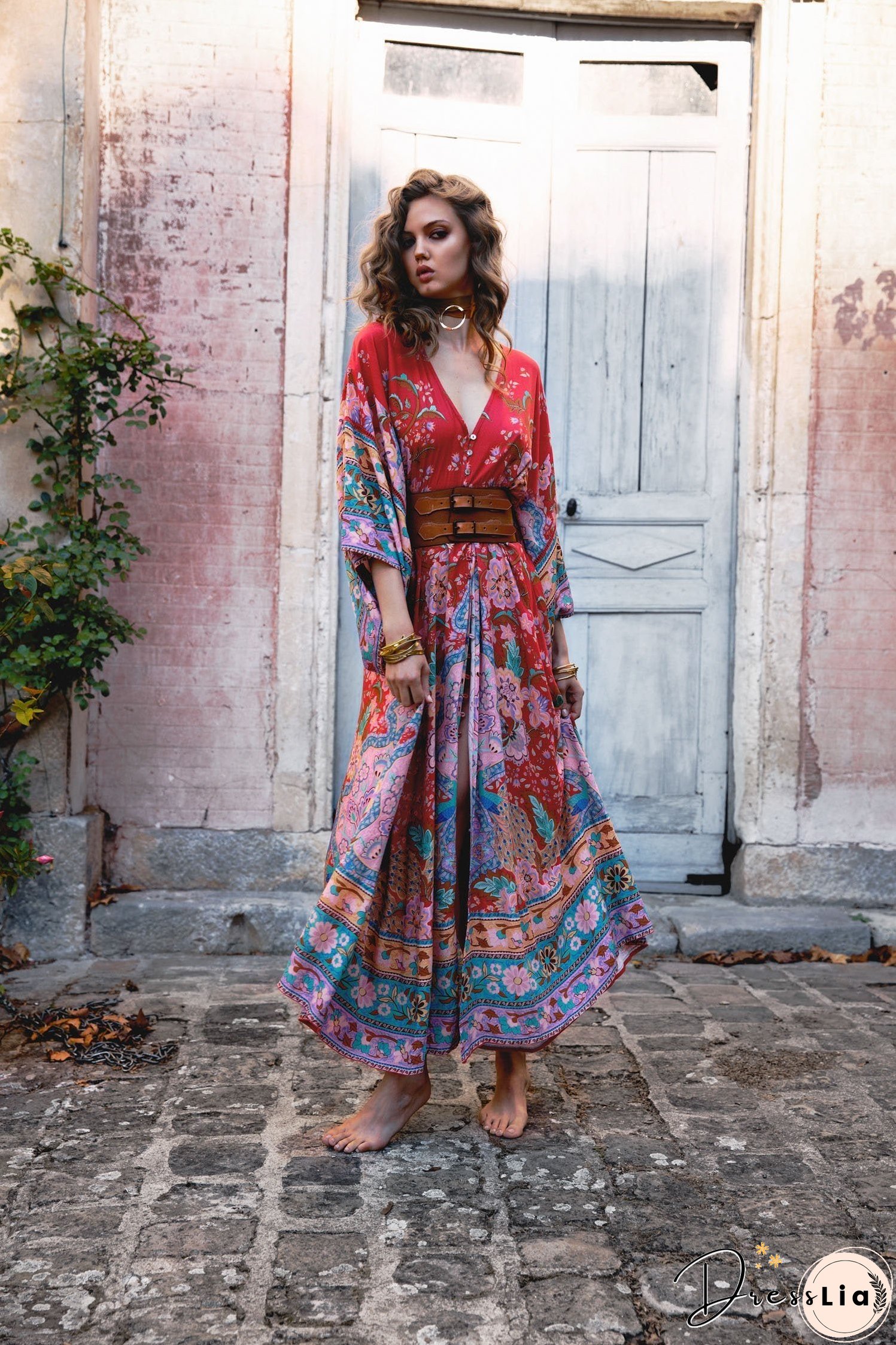 Bohemian Maxi Lotus Print V-Neck Long Dress