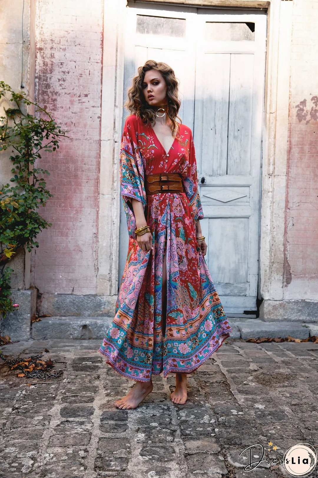 Bohemian Maxi Lotus Print V-Neck Long Dress