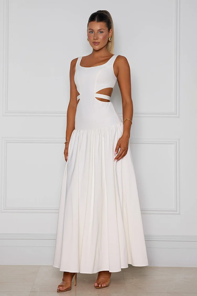 Waist Cutout Semi-Fitted Shirred Hem Maxi Tank Dresses-White [Pre Order]
