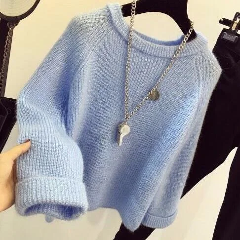 Loose Knitted Round Neck Sweater Women Simple Fashion Small Fresh Style Elastic Solid Bottoming Sweater Pullover Female Spring