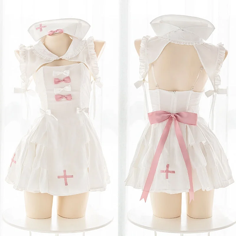 Anime Lovely White Nurse Sweet Cute Bow Uniform Lingerie Suit SP17890