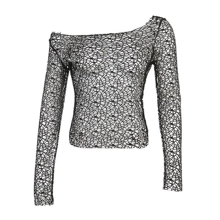Sweetown Irregular Skew Collar Fishnet Mesh Fairycore Tops Women Hollow Out Sexy Sun Protection Long Sleeve Retro Black T-Shirts