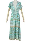 Ethnic Printed Short Sleeve Deep V-Neck Maxi Dress