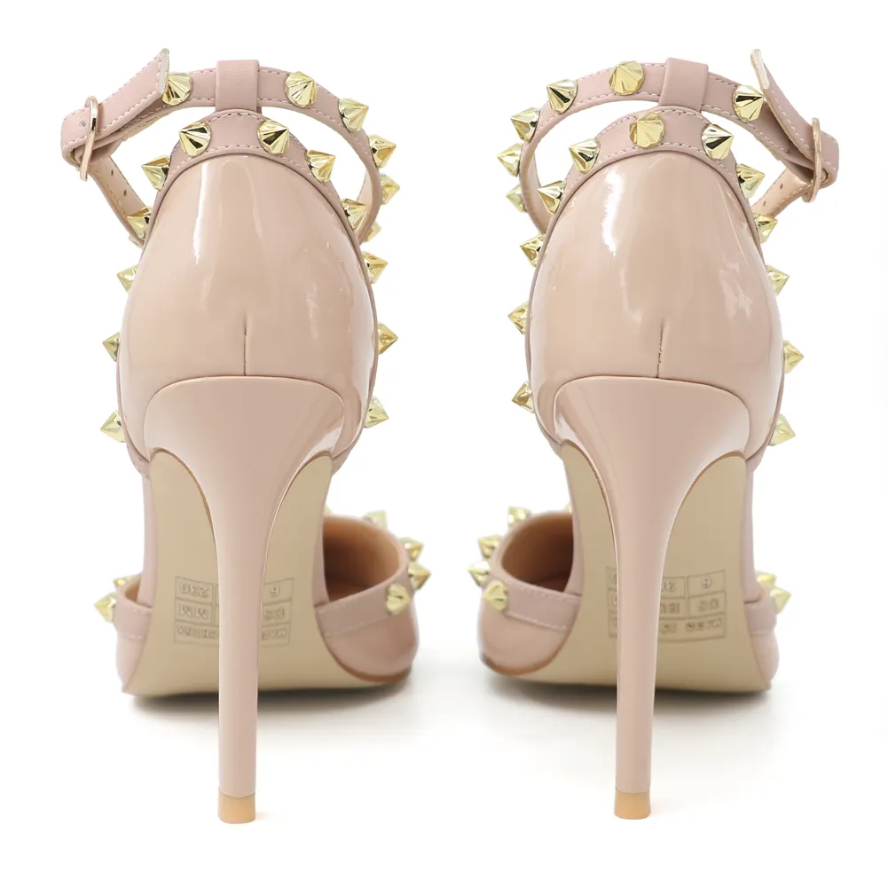 100mm Womens Pointed Toe Pumps Golden Point Rivets Ankle Strap Sandals-vocosishoes