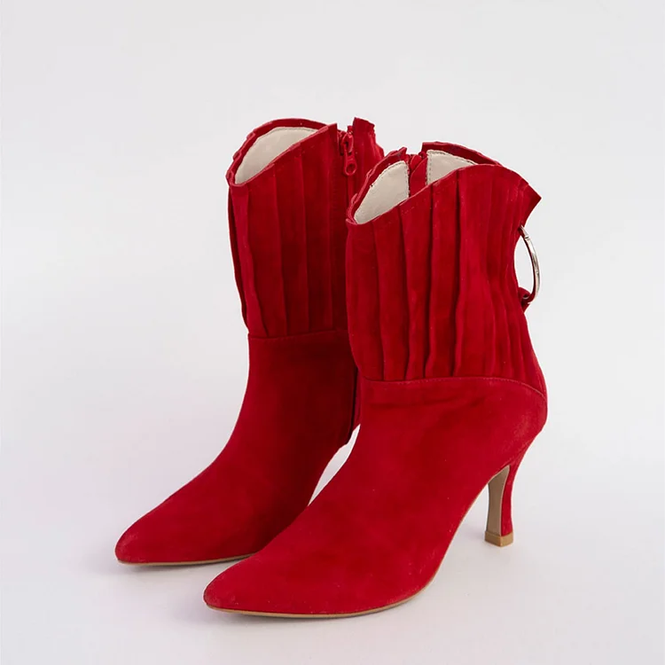 Red Vegan Suede Ruffle Spool Heel Ankle Boots with Metal Circle |FSJ Shoes