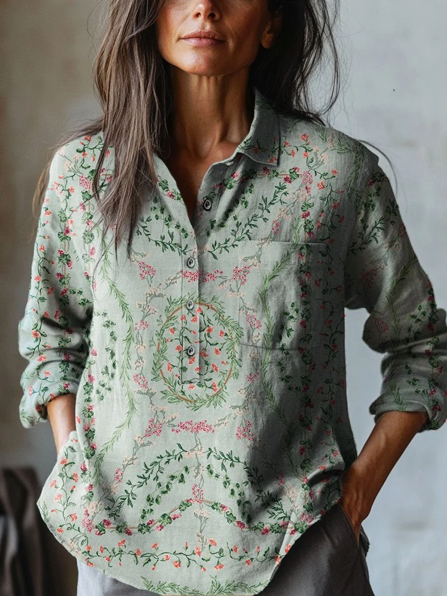 Women's Vintage Lovely Floral Art Print Casual Cotton And Linen Shirt