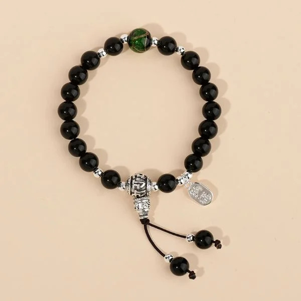 Natural Black Obsidian Glazed Buddha Bead Auspicious Bracelet