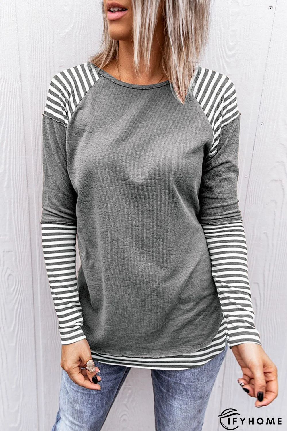 Gray Striped Raglan Long Sleeve Top | IFYHOME