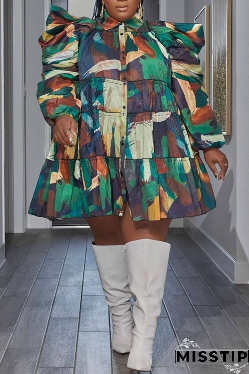 Orange Green Casual Print Patchwork Shirt Collar Shirt Dress Plus Size Dresses
