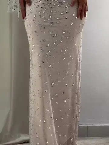  V-Neck One Shoulder Sleeveless Long Mermaid Pleated Prom Dress With Sequins Beadings | Champage Satin And Tulle CO0050
