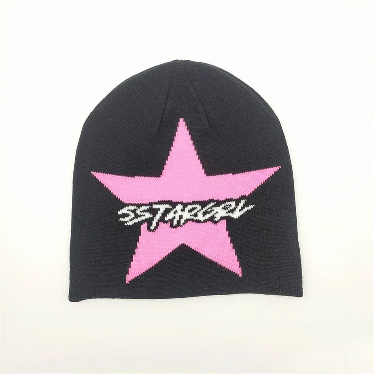 Reversible Jacquard Pink Stars Knit Hat