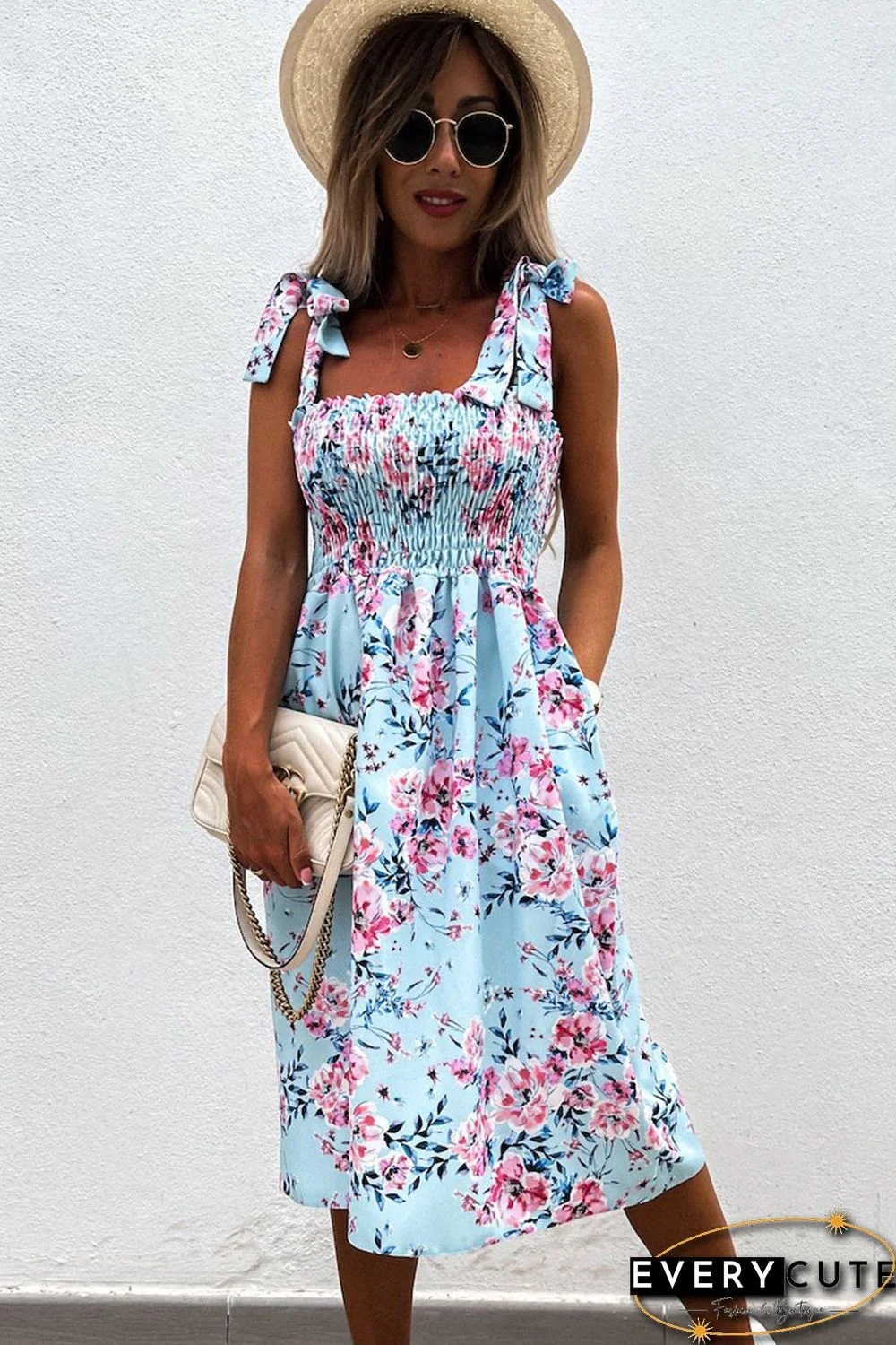Sky Blue Tie Straps Smocked Floral Dress