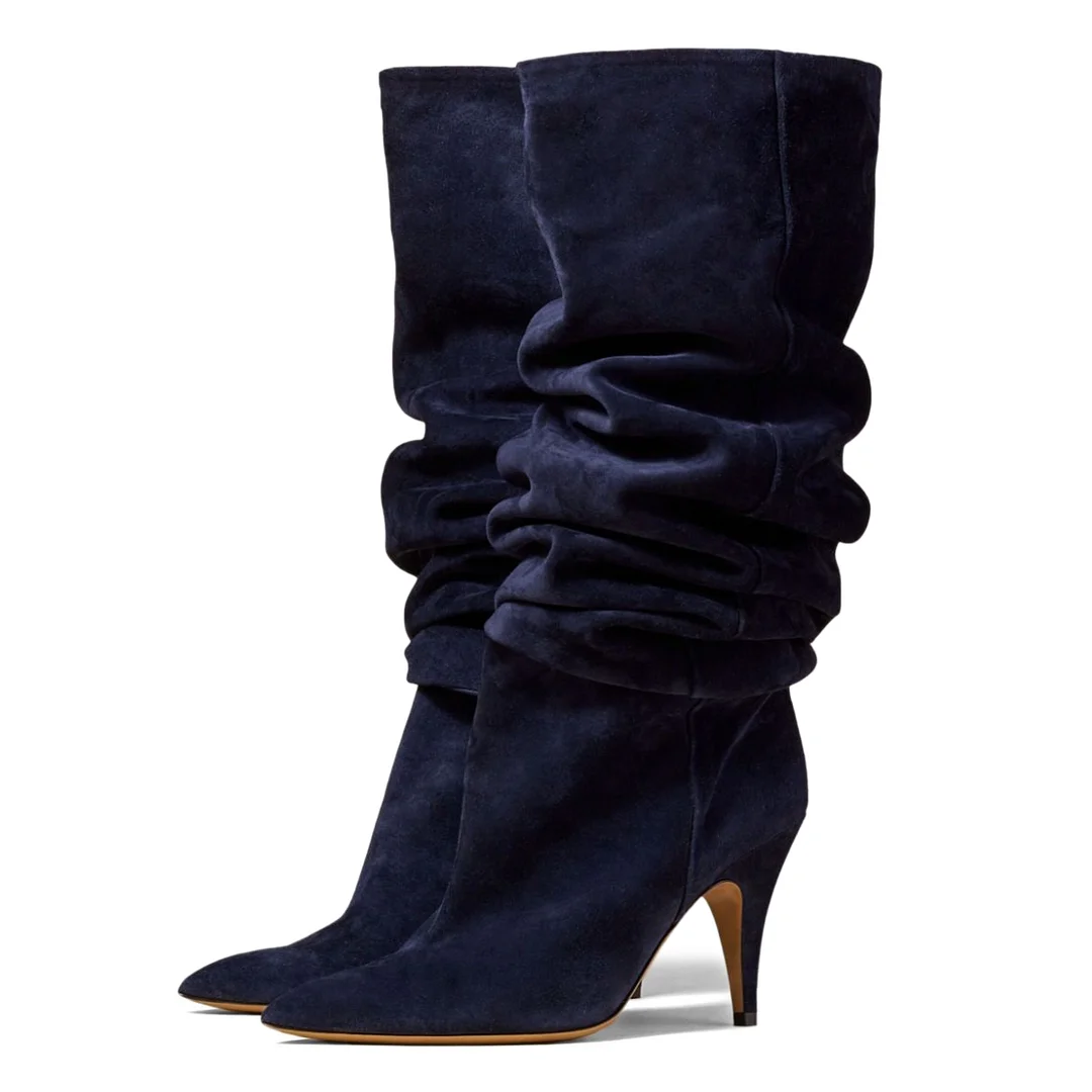 Dark Blue Faux Suede Pointed Toe Fashionable Silhouette Booties