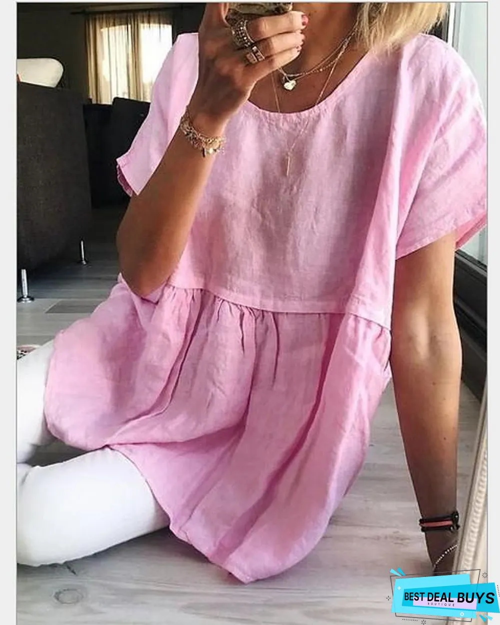 Womens Tunic Solid Colored Plain Round-neck Tops Basic Top Yellow Blushing Pink Green