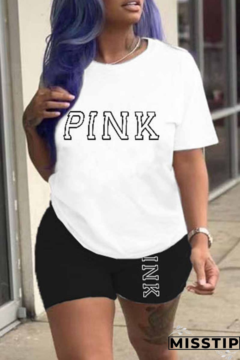 Black Casual Print Letter O Neck Short Sleeve Two Pieces