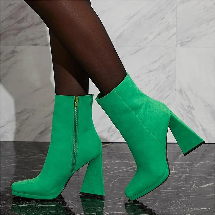 Green Square Toe Booties Vegan Suede Chunky Heel Ankle Boots |FSJ Shoes