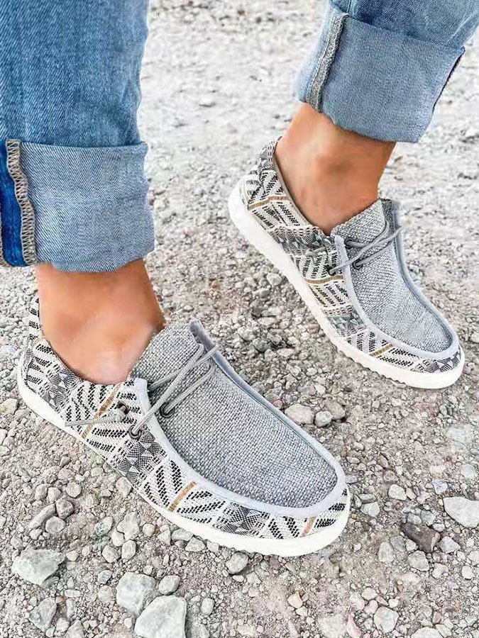 Flat Lace-Up Retro Ethnic Print Shoes