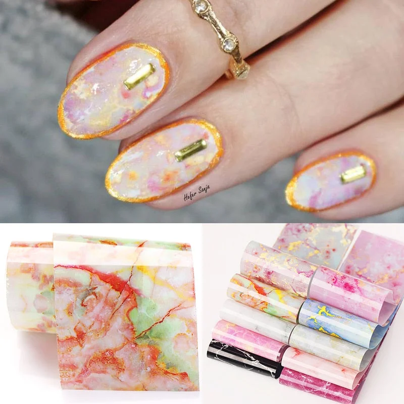 10Pcs/Bag Marble Nail Art Transfer Foil Sticker Flower French Tip Wraps Adhesive Decals Nails Decoration Manicures Accessories-Nail Inspo