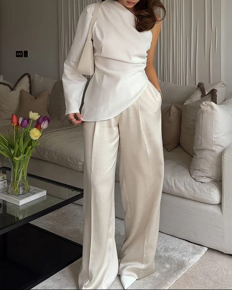 One-shoulder Long-sleeved Top and Pants Two-piece Suit