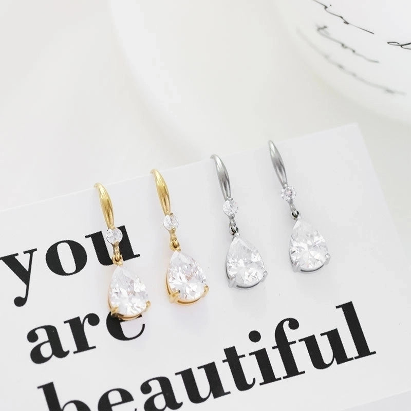 1 Pair Fashion Water Droplets Plating 304 Stainless Steel Zircon White Gold Plated Gold Plated Drop Earrings