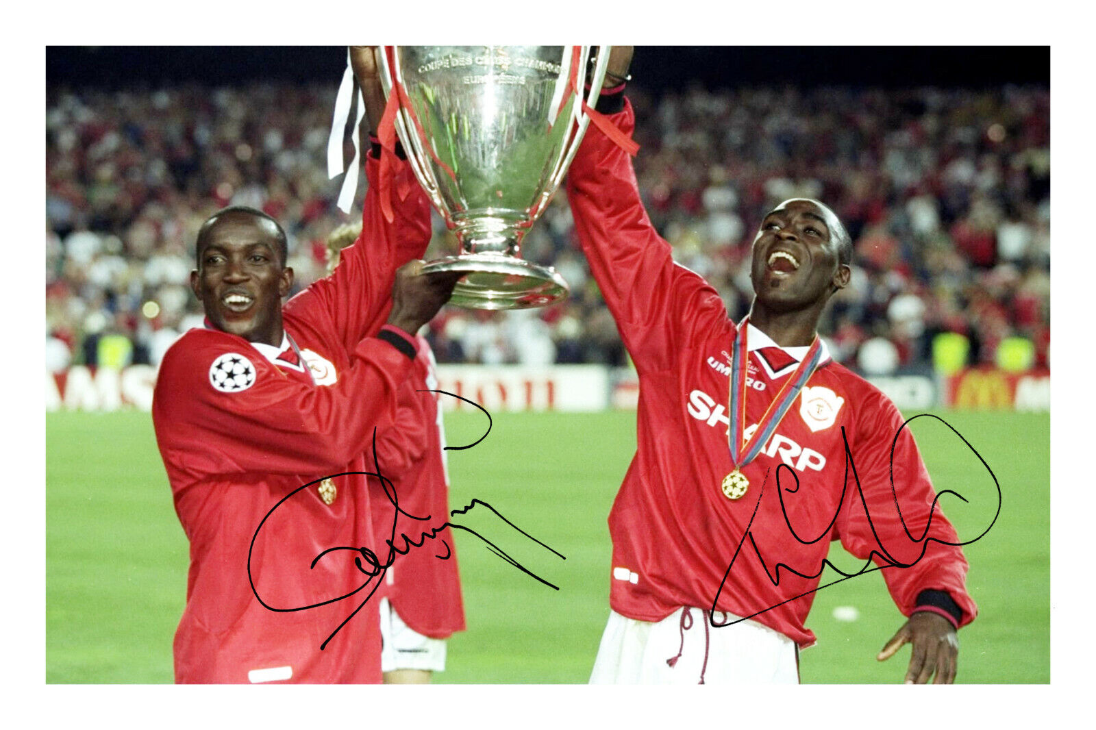 Andy Cole & Dwight Yorke 1999 Champions League Signed A4 Autograph Photo Poster painting Print