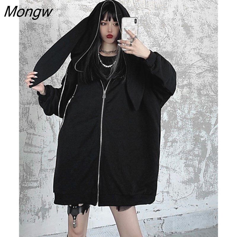 Mongw Winter Emo Bunny Hoodie Women Zip Up Kawaii Sweatshirt Rabbit Ears Jacket Black Girls Streetwear Japanese Loose Coats