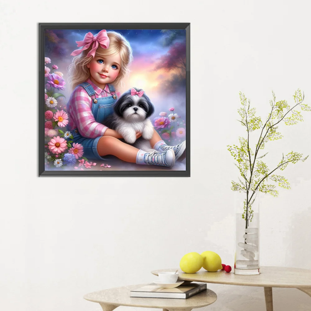Diamond Painting - Full Round Drill - Garden Girl Dog(Canvas|30*30cm)
