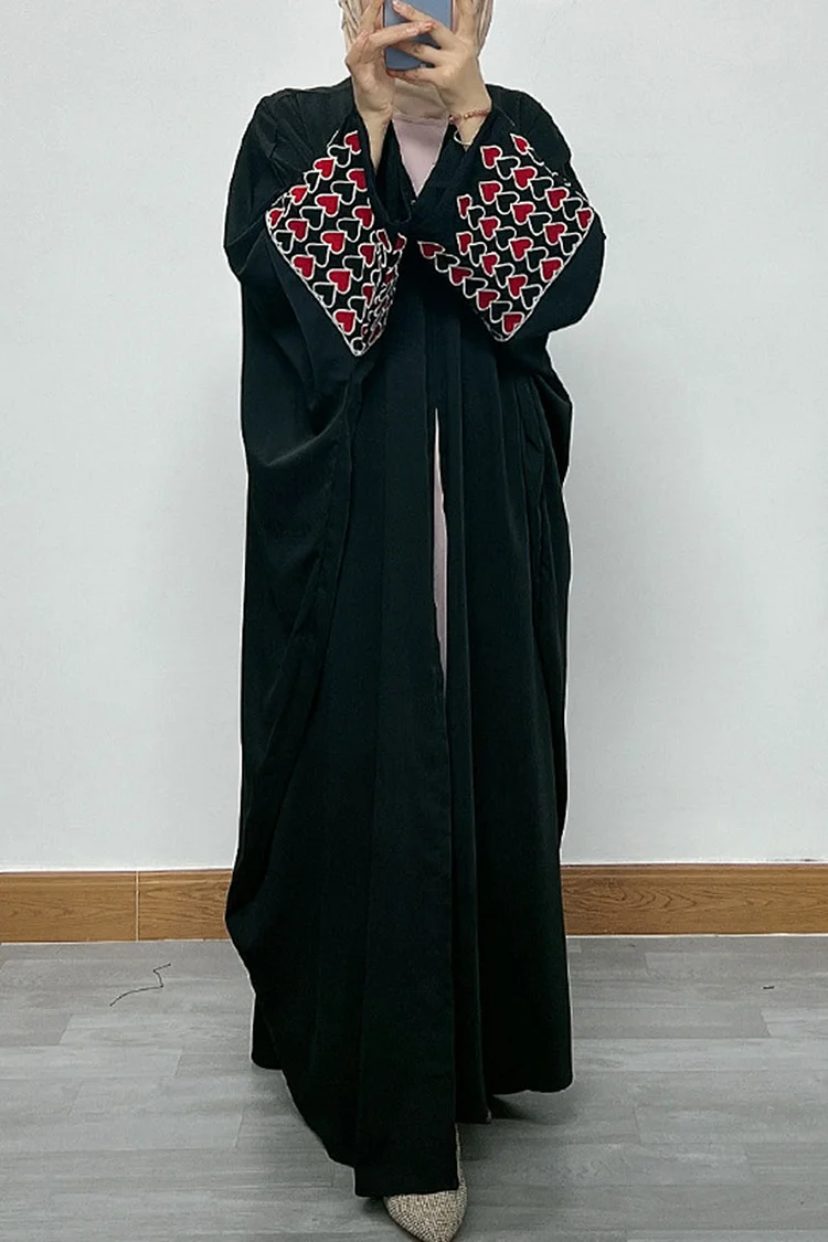 Heart Pattern Embroidery Open Front Batwing Sleeve Abaya Long Cardigan