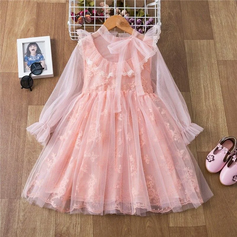 2021 Summer Autumn Girls Princess Dress Lace Party Dress Back Hallow Out Kids Vintage Vestido Flower Children Clothes 3 to 8 yrs