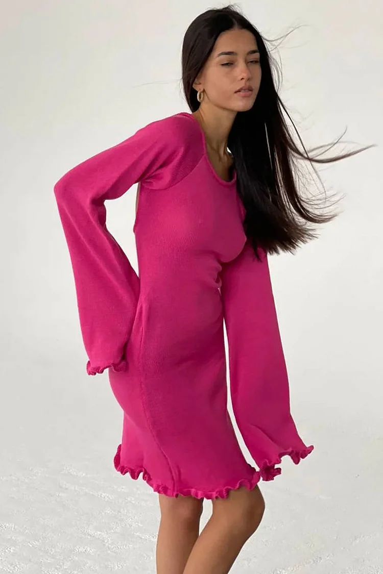 Round Neck Long Sleeve Backless Slim Fit Ruffled Mini Dresses - Green