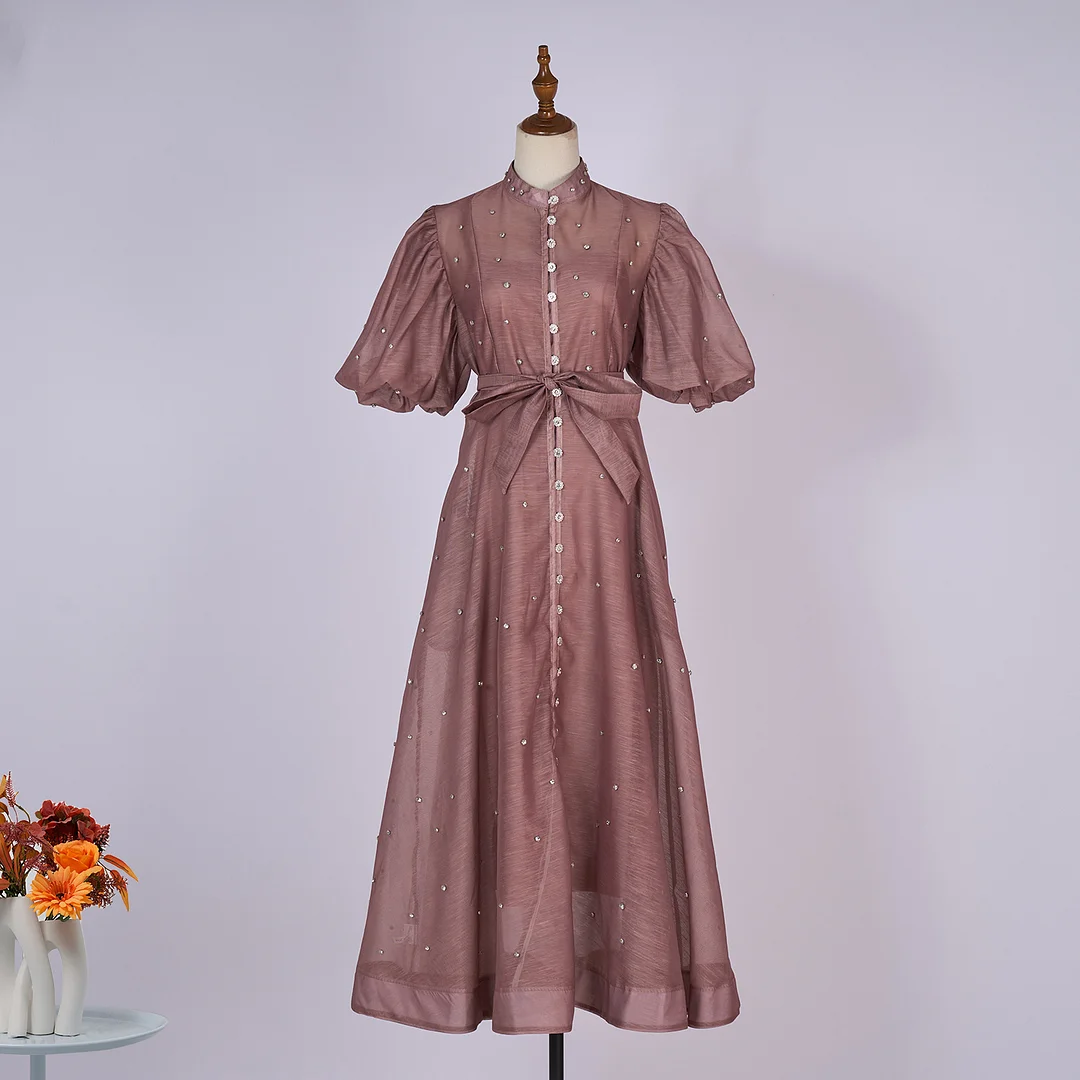 Nigikala Nigikala Court Style High Design Feeling Heavy Industry Nail Drill Short Sleeve Single Buckle Dress + Sling