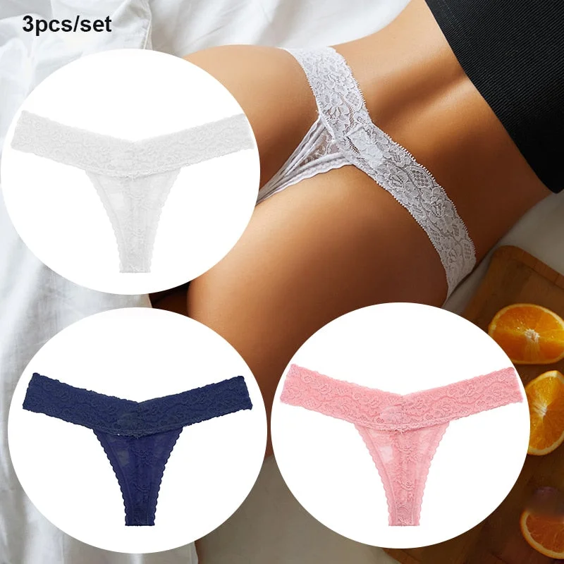 FINETOO 3PCS/Set Women Lace Sexy G-string Perspective Lingerie Temptation Panties Thong Underwear Panty Female Intimates M-XL