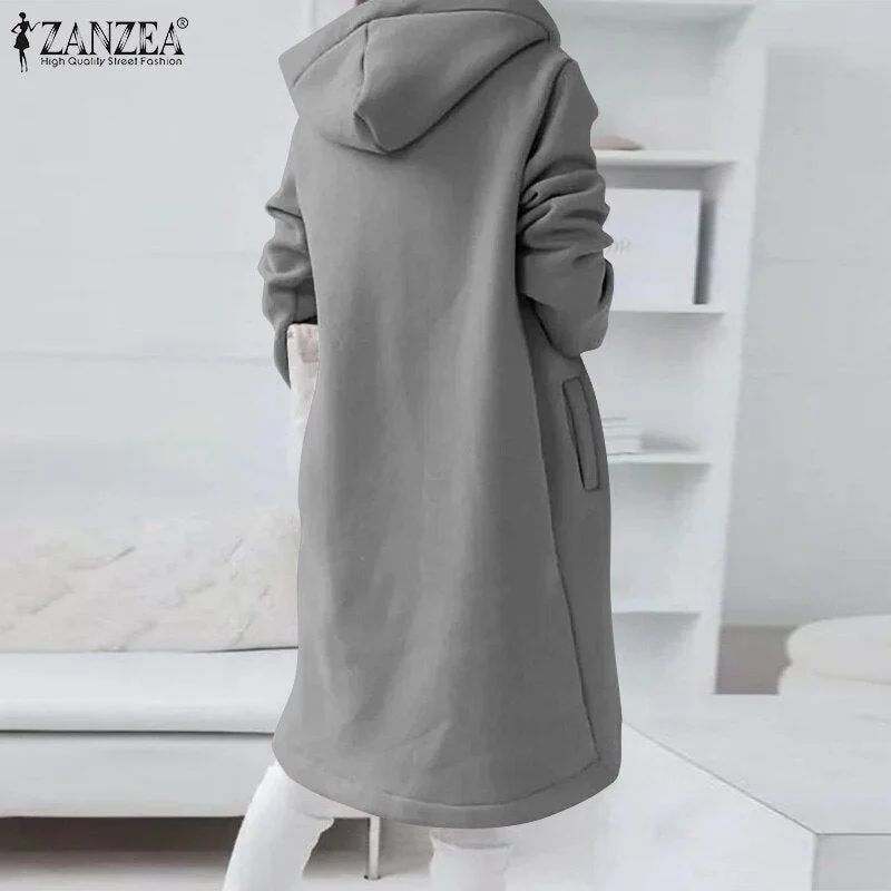 ZANZEA 2022 Autumn Fashion Women Hoodies Sweatshirts Coats Casual Zipper Long Hooded Solid Sweatshirt Robe Long Sleeve Jackets