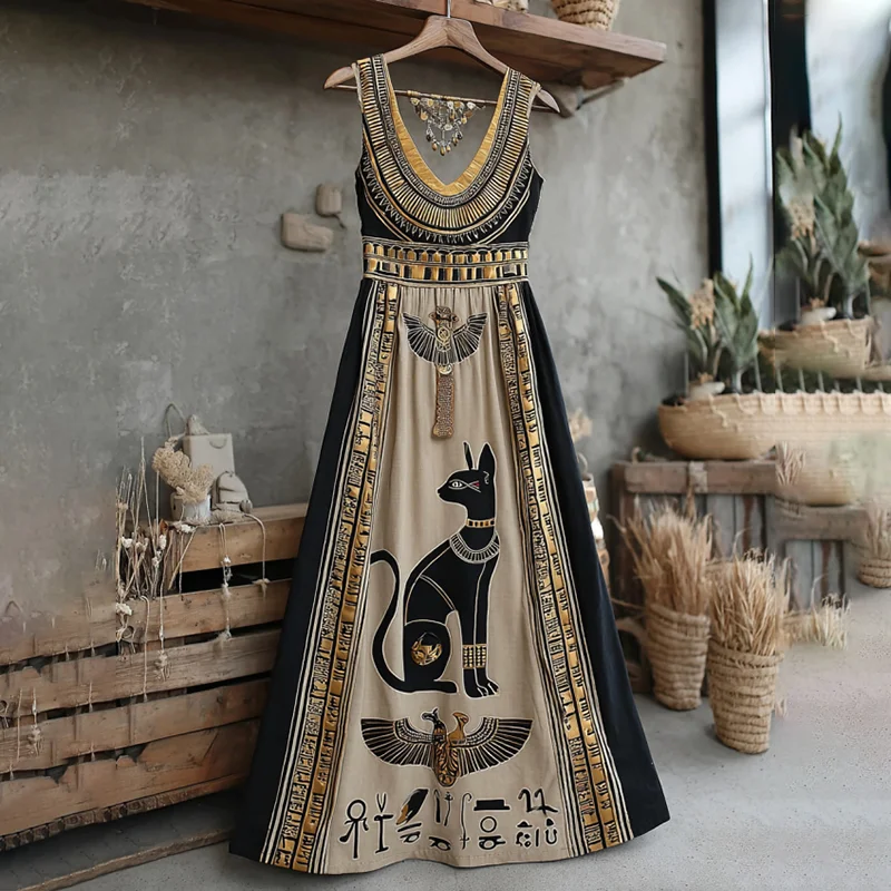 Women's Vintage Egyptian Buster Cat Art Pattern Casual Maxi Dress
