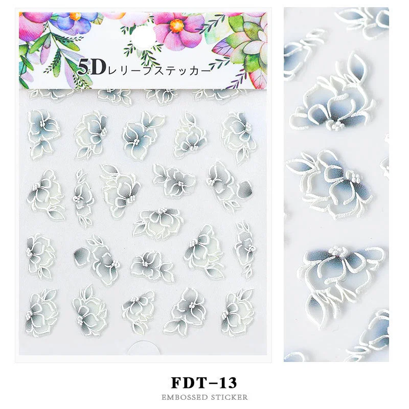 Nail Stickers Embossed 5D Flowers Leafs Designs Back Glue Nail Decals Decoration Tips For Beauty Salons-Nail Inspo