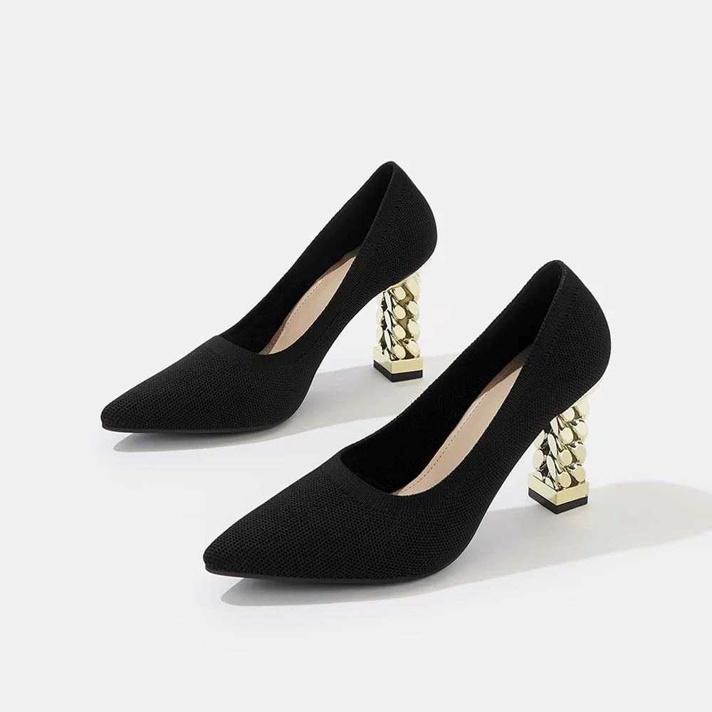Black Textile Closed Pointed Toe Pumps With Decorative Heels Nicepairs