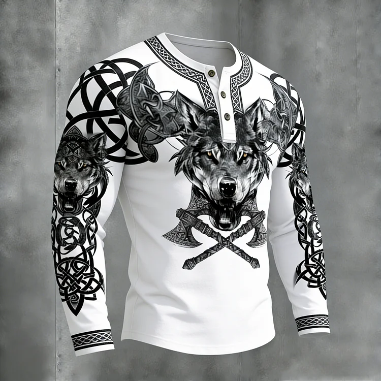 Men's Retro Viking Celtic Wolf With Axe Print Graphic Henley Collar T-shirt