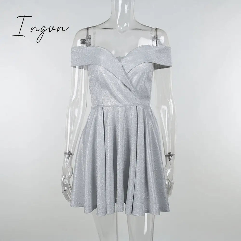 Ingvn - Summer Outfits Women Bling Glitter Off Shoulder A Line Mini Dress Pleated Party Elegant