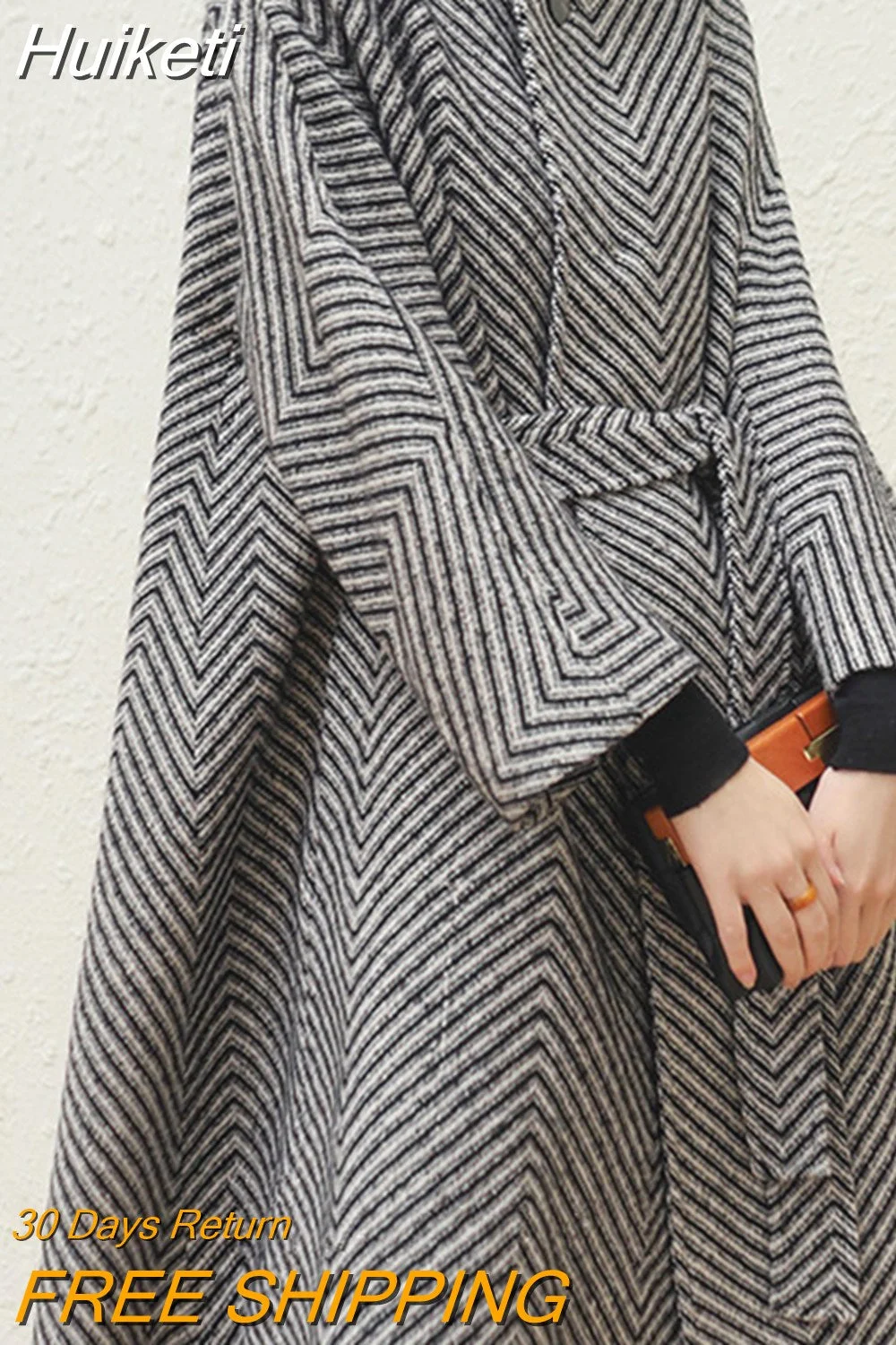 Huiketi Autumn Winter Black and White Zigzag Woolen Coat Women Sashes A Line Loose Elegant Stylish Runway Korean Fashion 2023