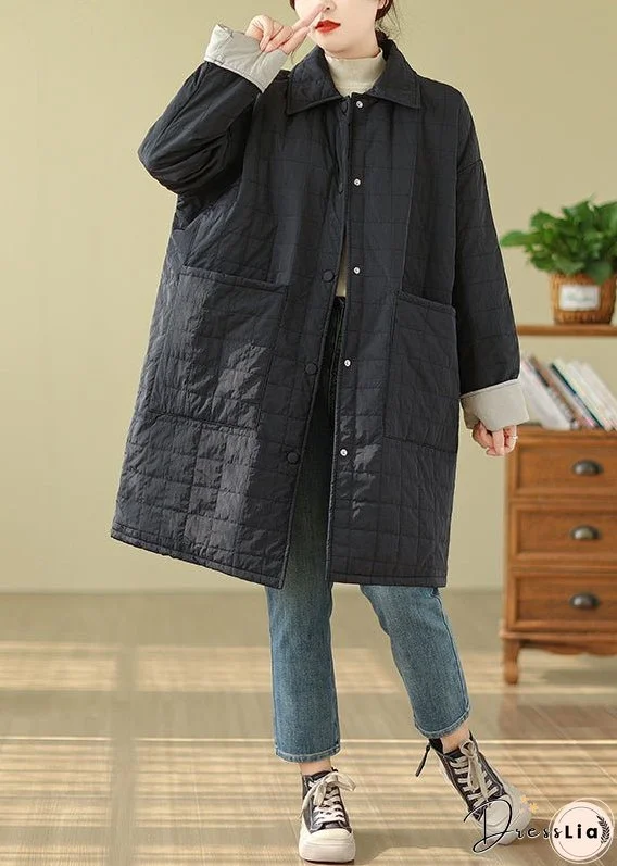 Women Black Pockets Button Patchwork Fine Cotton Filled Coat Winter