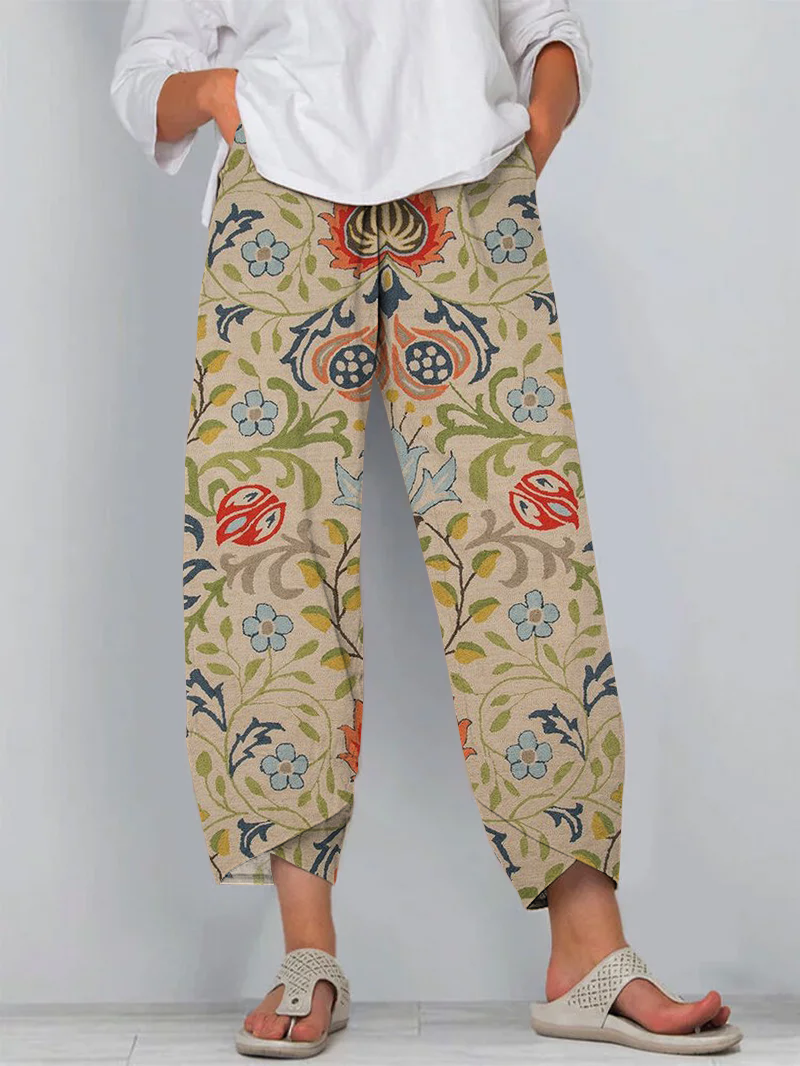 Retro Ethnic Floral Art Cropped Casual Pants
