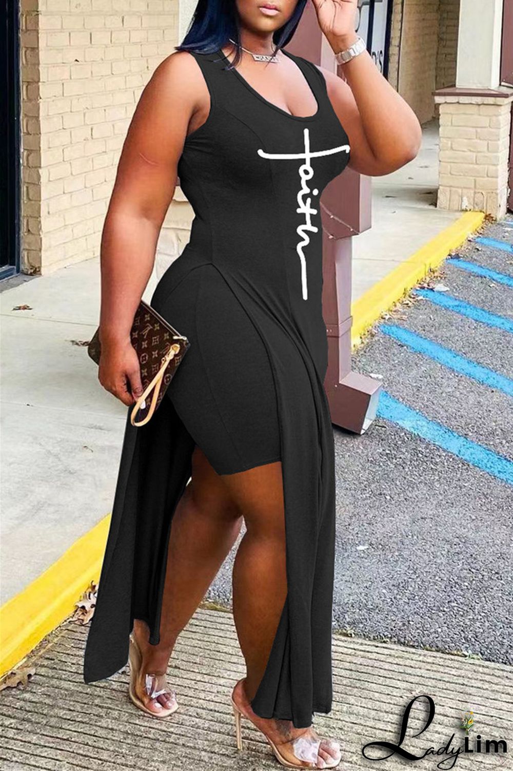 Grey Fashion Sexy Print Slit Vests U Neck Sleeveless Two Pieces